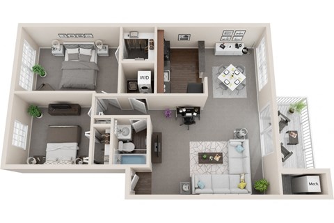 2 bed 1 bath, 988sf 3d floor plan  at Kenilworth at Charles Apartments, Maryland